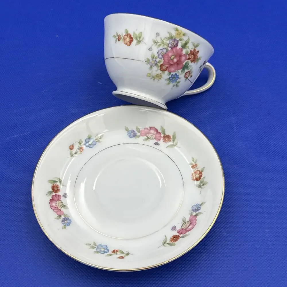VTG Moriyama Teacup &‎ Saucer Floral Design Gold Trim Made in Occupied Japan